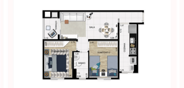 Planta do apartamento de 50 m² do Villa Rutini.